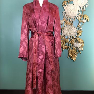 1940s smoking jacket, lounge coat, mens robe, burgundy satin, dressing, Black Label Vintage