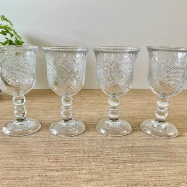 Vintage Globlets - Avon 1978 Fostoria Glass Co. - Pressed Glass Water Goblets - Heart & Diamond Loving Cup Goblets - Set of 4-Glass Stemware 