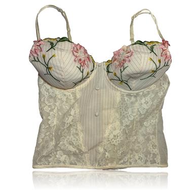 Cream Pink Floral Pinstriped Bustier Top // Size Small 
