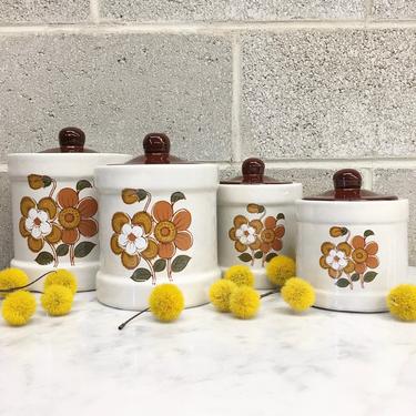 Vintage Canister Set Retro 1970s Ceramic + Handpainted + Bohemian + White and Brown + Flowers + Set of 4 + Kitchen Storage + Home Decor 