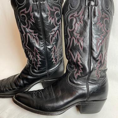 Black & red leather Justin cowboy boots~ men’s size 7 D~ unisex androgynous style~ women’s size 9 ~ vintage western rock n roll ~timeless 