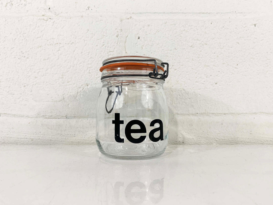 Vintage Glass Kitchen Canister MCM Typography Tea Storage 3/4 Liter ...