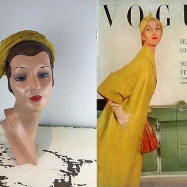 To the Sea & Country - Vintage 1950s 1960s Mustard Yellow Velvet Gathered Cloche Dome Hat 