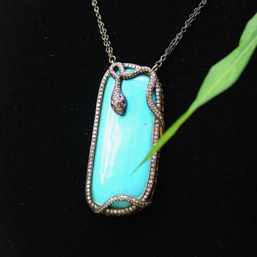 Vintage Sterling Silver &amp; 18K Turquoise Snake Pendant Necklace, Diamond Encrusted Snake, Huge Turquoise Stone, 2-Strand Chain, 21 1/4” Long 