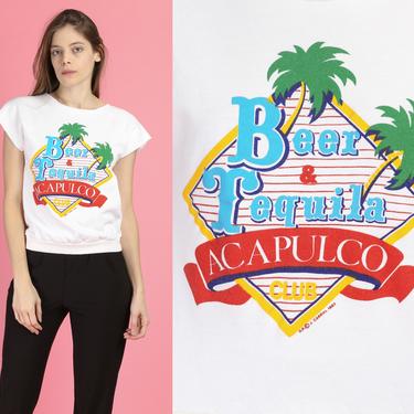 80s Beer & Tequila Acapulco Mexico Tourist Top - Medium | Vintage Short Sleeve Cropped Graphic Sweatshirt 