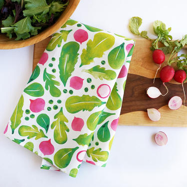Spring salad tea towel • watercolor lettuce greens and radishes 