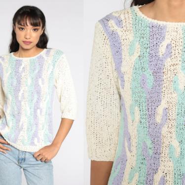 80s Sweater Top Pastel Abstract Cable Knit Slouchy Knit Sweater Blue Purple Pullover Jumper Vintage Slouchy 3/4 Sleeve Sweater Small Medium 