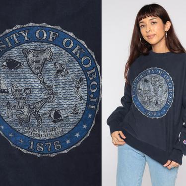 University of Okoboji Sweatshirt 90s Champion University Shirt Graphic Iowa College Sweater 1990s Vintage Navy Blue Small S 