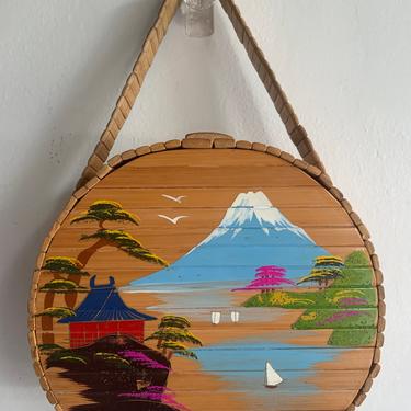 Amazing 1940s WWII Mount Fuji Hand Painted Bamboo Box Purse Vintage Japan Rockabilly Pinup 