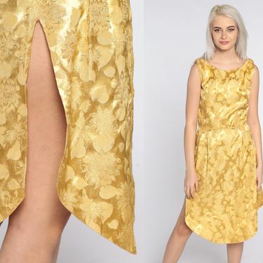 Gold Brocade Dress 1960s Party Dress Metallic Mod Midi Floral Cocktail High Slit Going Out Dress 60s Sleeveless Vintage Formal Prom Small 4 
