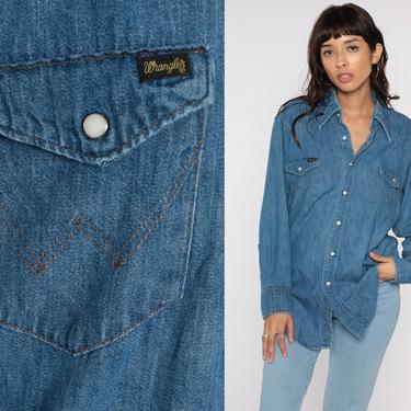 Denim WRANGLER Shirt 80s Blue Jean Shirt WESTERN Jean Pearl Snap Up 1980s Top Long Sleeve Button Up Cowboy Vintage Men's 16 x 32 