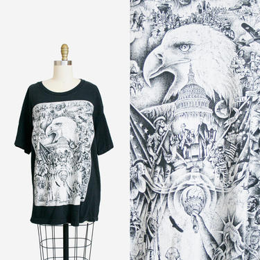 Vintage 1990's America T - Shirt - Washington D.C - Scoop Neck - Black - Lady Liberty - Eagle - Presidents - Short Sleeve - Large 