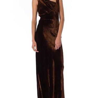1930S Harrods Chocolate Brown Asymmetrically Draped Bias Silk Velvet Gown 