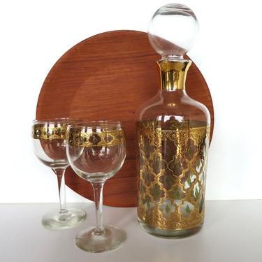 Culver Valencia 3 Piece Decanter And Wine Glass Set, Vintage 22kt Gold Wine Carafe And Stemmed Wine Glasses 