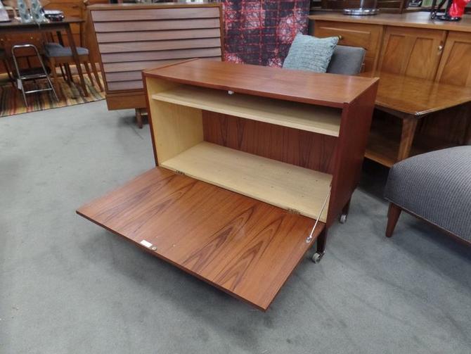 Danish Modern Teak Rolling Record Storage Cabinet With Drop Front