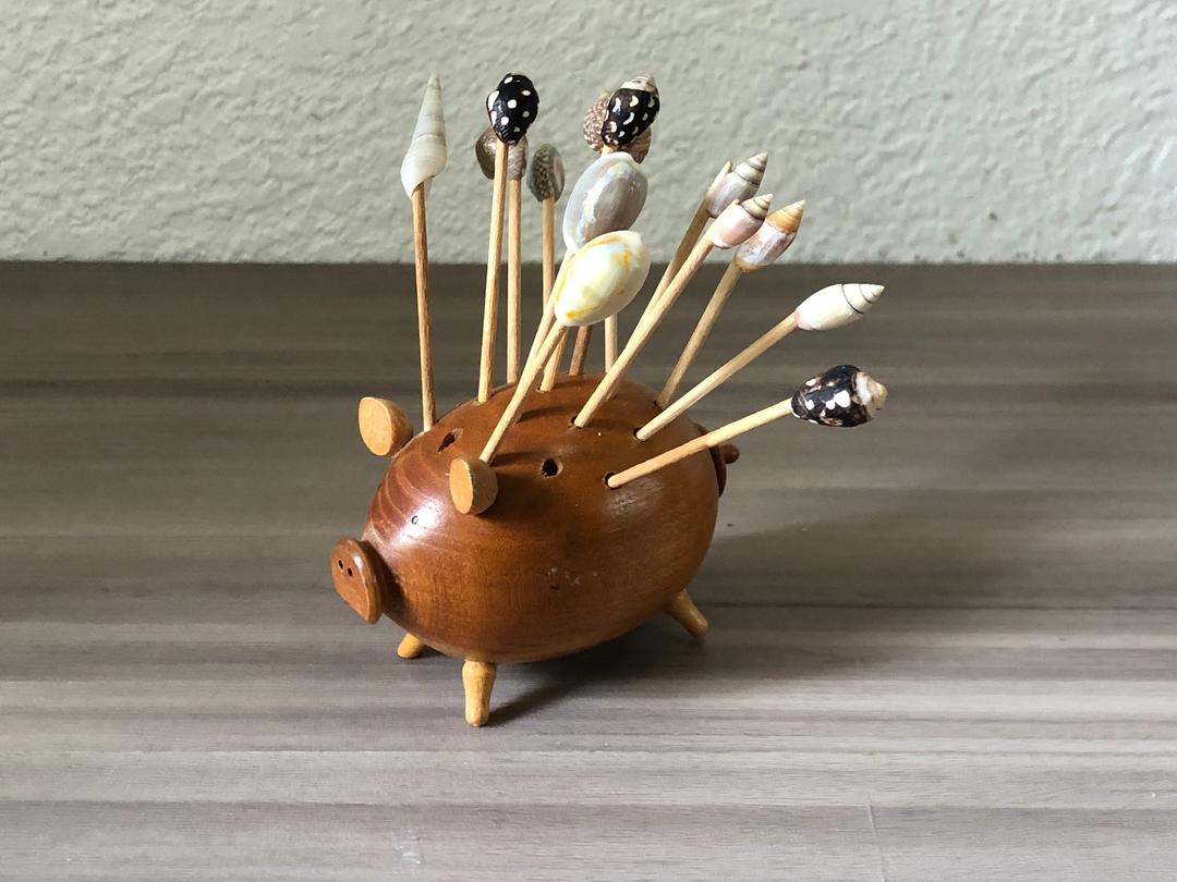 Vintage Solid Teak Porcupine Pig Toothpick Holder Drink