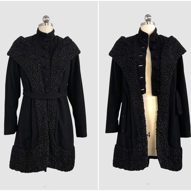 COAT CHECK Vintage 30s Black Wool Boucle and Persian Lamb Fur Coat | 1930s Art Deco Belted Military Style Jacket | 40s 1940s | Size Small 