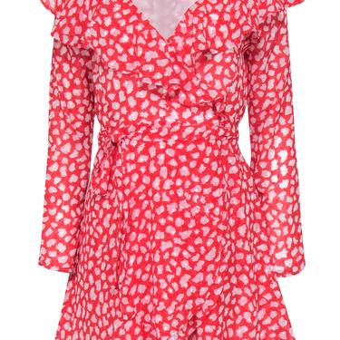 Free People - Red &amp; White Printed Textured Wrap Dress w/ Ruffled Trim Sz S