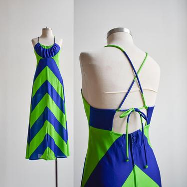 1970s Green & Blue Halter Maxi Dress 