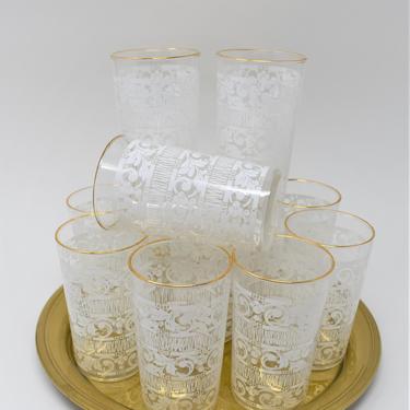 Vintage Tumblers Set of 12 | Bar Cart Set | Vintage Entertaining Set Juice Glasses | MCM Printed Gold Rimmed Cocktail Glasses | Tom Collins 