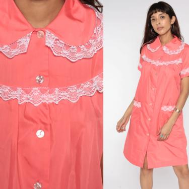 60s House Dress PINK Lace Day Dress Loungewear Boho Midi Button Up Minidress 1960s Vintage Retro Lace Shift Knee Length Medium 