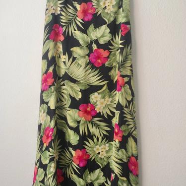 98) VINTAGE Ralph Lauren maxi skirt tropical island plants leaves floral print black 