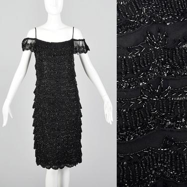 Medium 1990s Vintage Dress Black Prom Tiered Layered Ruffle Off Shoulder Beaded LBD Cocktail Party Evening Wear 