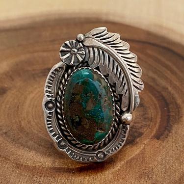 FEATHERED FRIEND 1970s J H Etsitty Sterling Silver & Turquoise Statement Ring | Native American Southwestern Boho Jewelry | Size 7 1/2 