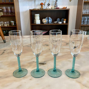 Set of 4 Angelique Aqua by Cristal D'Arques-Durand, 8&amp;quot; Champagne Flutes with Twisted Stem Design 