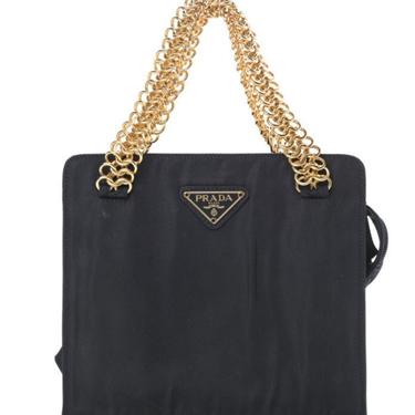 Vintage PRADA Milano Navy Nylon Gold Chain Mini Tote Clutch Evening Bag Purse Handbag 