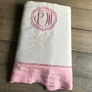 French Heirloom Linen Sheet, Unbleached Linen, Pink Hand Embroidered Monogram, Queen Size 