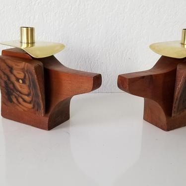 Mid-Century Art Wood and Brass &amp;quot; Dog Head &amp;quot; Shape Candle Holder - a Pair . 