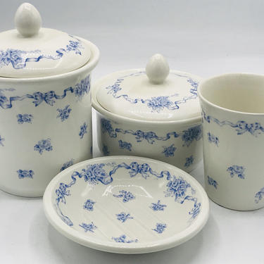 Vintage BLUE RIBBONS Laura Ashley Blue English Porcelain Bathroom Set 