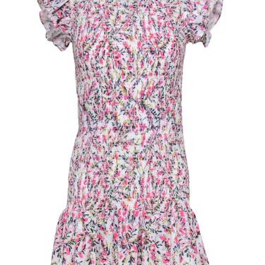 French Connection - White &amp; Pink Floral Printed Smocked Dress w/ Ruffles Sz S