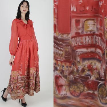 Vtg 70s Art Nouveau Print Dress / Moulin Rouge Printed Material / Cabaret Theater Evening Dress / Red Puuf Sleeve Lounge Red Maxi Dress 