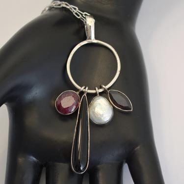 Asymmetrical 60's sterling rhodolite garnet baroque pearl onyx &amp; ruby mod circle pendant, edgy 925 silver gemstones paperclip chain necklace 