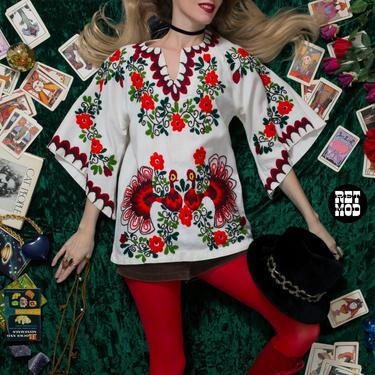 INSANE &amp; RARE Vintage 70s Red Bird Embroidery Mexican Bell Sleeve Tunic 