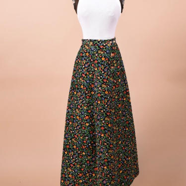 70’s Black & Floral Quilted Maxi Skirt, XS