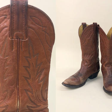 Vintage 1980s Reddish Brown Nocona Boots, Vintage Distressed Cowboy Boots, Line Stitching, Western Southwestern, Size 8.5/9 by Mo