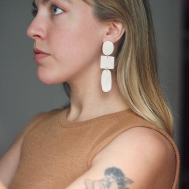 White Long Dangle Earrings / Geometric Statement Earrings / Polymer Clay Handmade Jewelry / Lightweight / Hypoallergenic 