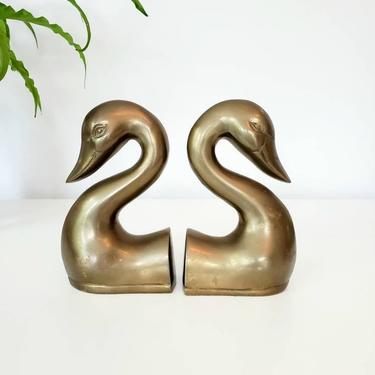 Vintage Brass Swan Bookend Set 