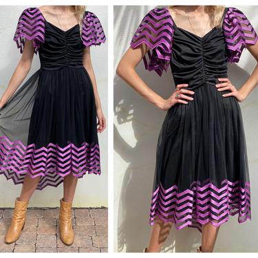 Vintage Bat Dress / 1980's Mesh Black and Purple Zig Zag Kerchief Dress / 1980's Tulle dress / Halloween Crazy Amazing dress / High Low Hem 