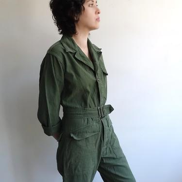 Vintage 70s Army Green Coveralls/ 1970s Jumpsuit/ Belted | Bottle