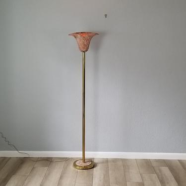 Vintage Sculptural Brass and Ceramic Shade Floor Lamp . 