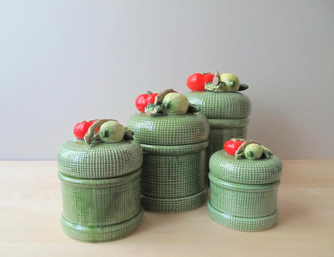 vintage canister set green ceramic fruit and vegetable lids Ione's
