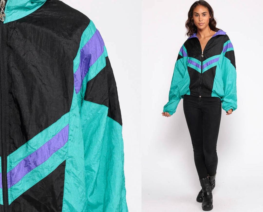 Color Block Windbreaker Jacket 80s 90s Black Purple Green Red