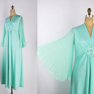 70s Mint Pleated Sleeves Maxi Dress / Mad Men / 1970s Dress /Sheer Sleeves Dress /  Size M/L 