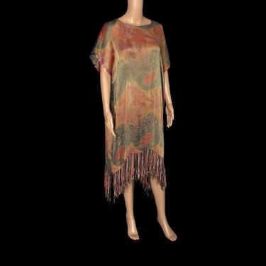Rare!! 1920s Dress / 20s Metallic LAMÉ Dress / Amazing Novelty Fruit Print / Shimmering 20s Fringed Kaftan Dress 