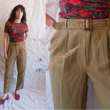 Vintage 90s Silk and Linen Belted Trousers/ 1990s Olive Green High Waisted Pants/ Size Medium 28 