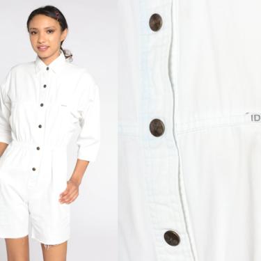 Ideas Romper Playsuit White One Piece 80s Button Up Vintage Cutoff Frayed Jumpsuit Shorts High Waist Long Sleeve Small S 